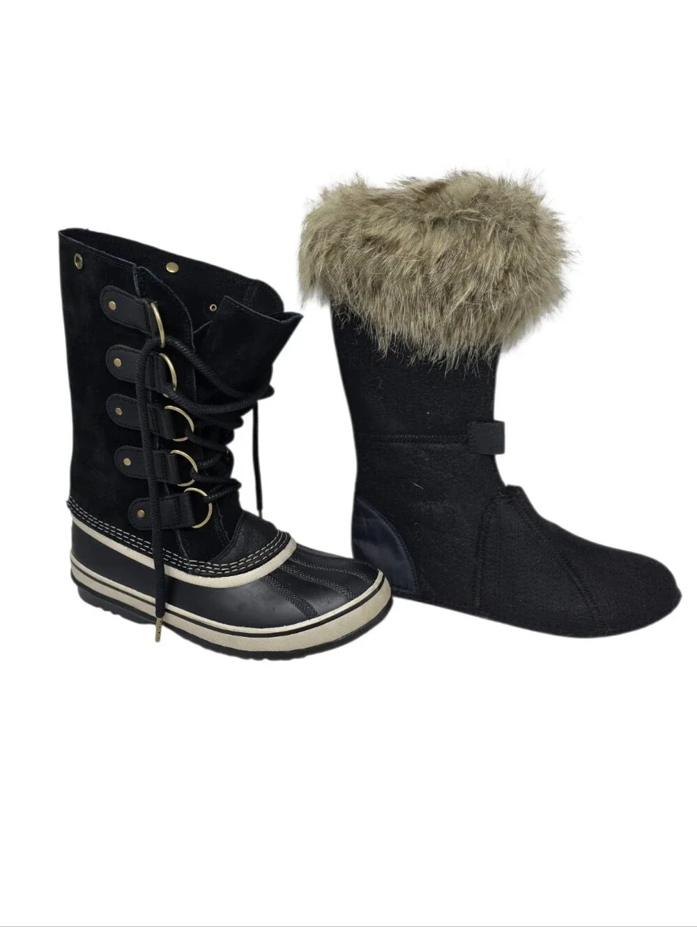 Sorel Joan Of Arctic Winter Boots Faux Fur Trim Lining Black & Tan Women's 8